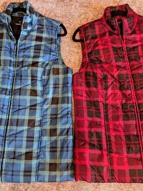 Kim Rogers Blue & Pink Plaid Quilted Puffer Vests Lot Of 2 Size M